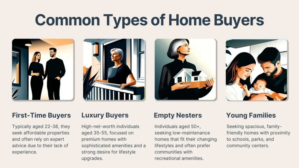 An infographic showing four types of home buyers: First-Time Buyers, Luxury Buyers, Empty Nesters, and Young Families, each with a brief description and an illustration representing each group.