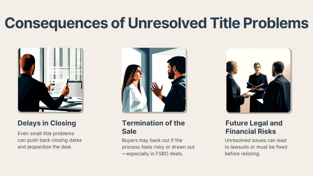 An infographic titled Consequences of Unresolved Title Problems showing three sections: delays in closing, termination of the sale, and future legal and financial risks, each illustrated with stylized businesspeople and brief descriptions.