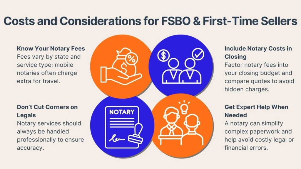 Infographic titled Costs and Considerations for FSBO & First-Time Sellers shows four tips: knowing notary fees, not cutting corners on legals, including notary costs in closing, and getting expert help when needed.