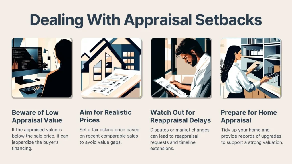 Four illustrated panels offer tips for handling appraisal setbacks: beware of low value, aim for realistic prices, watch out for delays, and prepare for home appraisal by tidying up and addressing repairs.