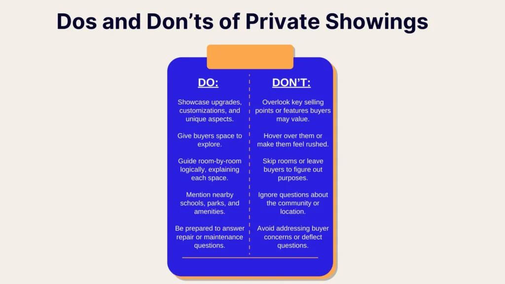 A graphic titled Dos and Donts of Private Showings lists tips on a clipboard. The left side shows Do tips like showcasing upgrades and answering questions; the right side shows Dont tips such as skipping details or ignoring concerns.