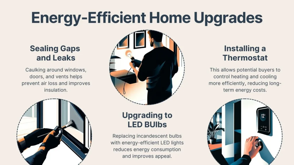 A graphic titled Energy-Efficient Home Upgrades features three sections: sealing windows, upgrading to LED bulbs, and installing a thermostat, each illustrated with people making these improvements at home.
