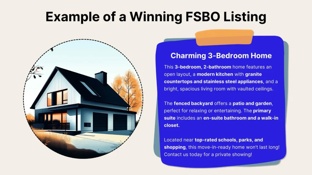 A modern black-and-white two-story home is shown beside a sample FSBO listing ad highlighting a charming 3-bedroom, 2-bathroom home, its features, and nearby amenities. Autumn trees and a bright sky are in the background.