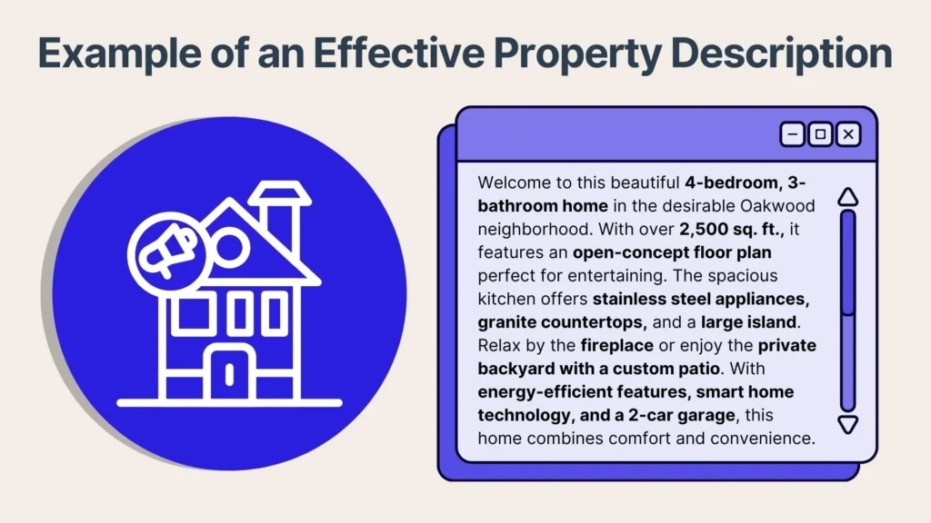 An infographic titled Example of an Effective Property Description shows a blue house icon in a circle on the left and a sample real estate listing with bold keywords in a text box on the right.