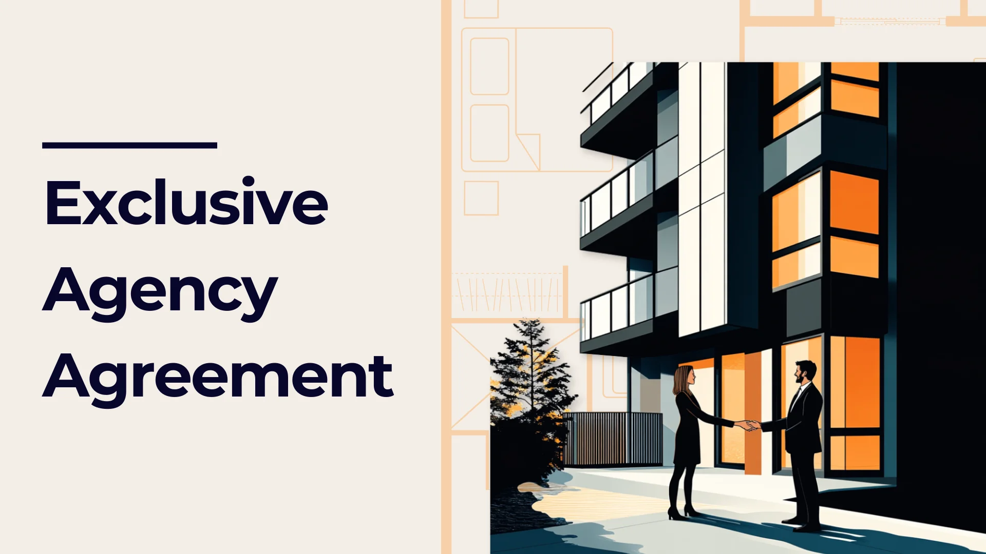 Illustration of two people shaking hands outside a modern building, next to bold text that reads “Exclusive Agency Agreement.”.