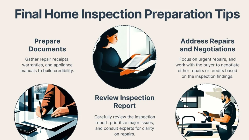 An infographic titled Final Home Inspection Preparation Tips with three illustrated sections: preparing documents, reviewing the inspection report, and addressing repairs/negotiations, each with brief descriptions and themed graphics.