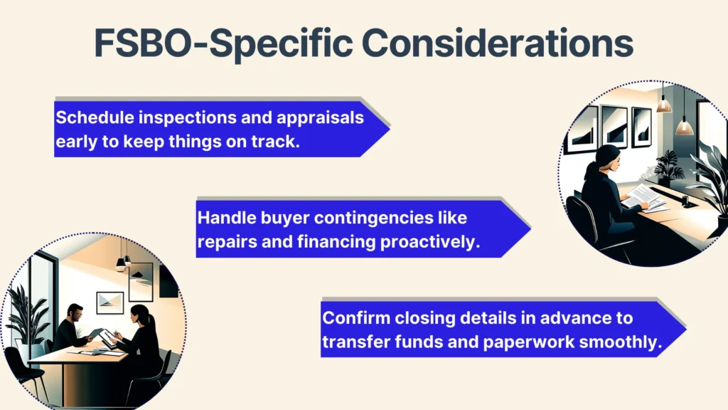 An infographic titled FSBO-Specific Considerations shows three tips in purple arrows with illustrations of people meeting in offices beside each tip. Tips include scheduling inspections, handling contingencies, and confirming closing details.