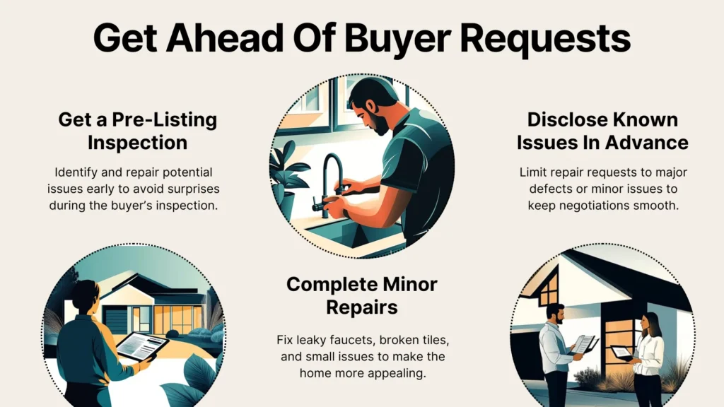 Infographic titled Get Ahead Of Buyer Requests with illustrations and tips: get a pre-listing inspection, complete minor repairs like fixing leaks, and disclose known issues in advance to smooth the selling process.