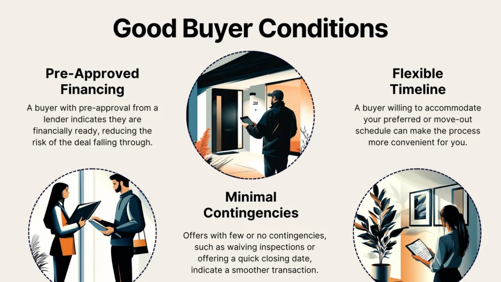 An infographic titled Good Buyer Conditions showing three tips: Pre-Approved Financing, Minimal Contingencies, and Flexible Timeline, each with a descriptive icon and brief explanations beneath each heading.