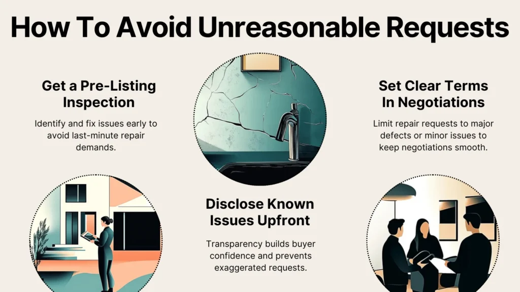Infographic titled How To Avoid Unreasonable Requests with illustrations and tips: get a pre-listing inspection, disclose known issues upfront, and set clear terms in negotiations. Each tip is shown with a related graphic.