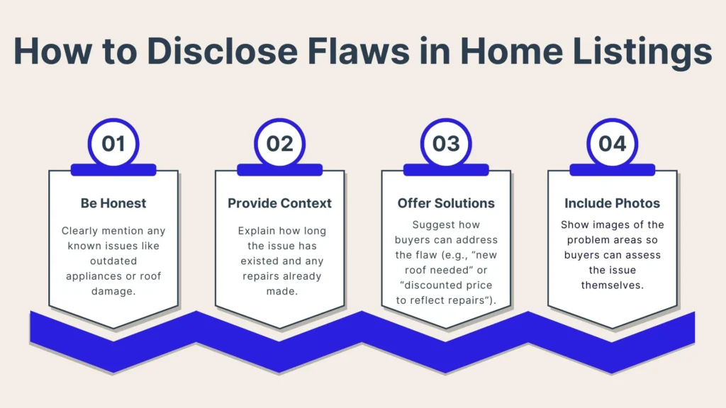 An infographic titled How to Disclose Flaws in Home Listings with four steps: Be Honest, Provide Context, Offer Solutions, and Include Photos. Each step has a brief explanation and simple icons above the text.
