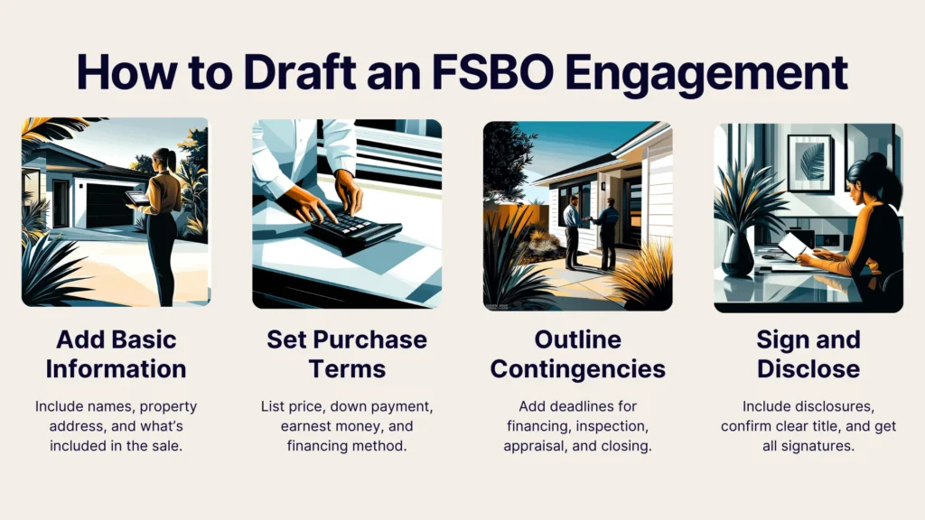 A four-step guide to drafting an FSBO engagement, with illustrated icons and text: Add Basic Information, Set Purchase Terms, Outline Contingencies, and Sign and Disclose, each with a brief description below.