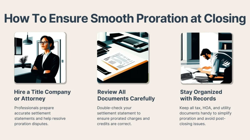 An infographic with three sections explains how to ensure smooth proration at closing: hire a title company or attorney, review all documents carefully, and stay organized with records. Each section has a relevant illustration.