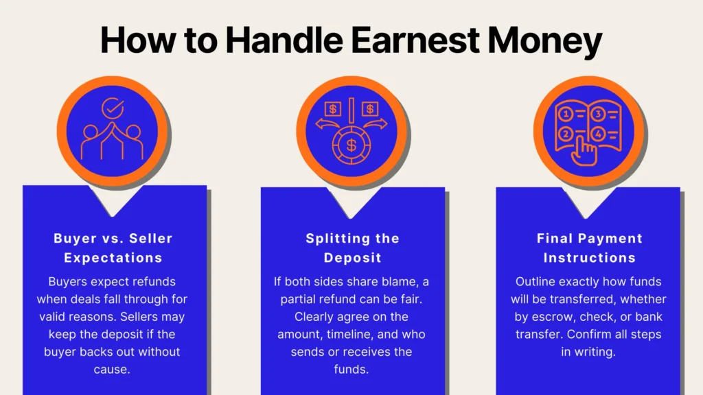 Infographic titled How to Handle Earnest Money with three sections: buyer vs. seller expectations, splitting the deposit, and final payment instructions, each with an icon and brief explanation.