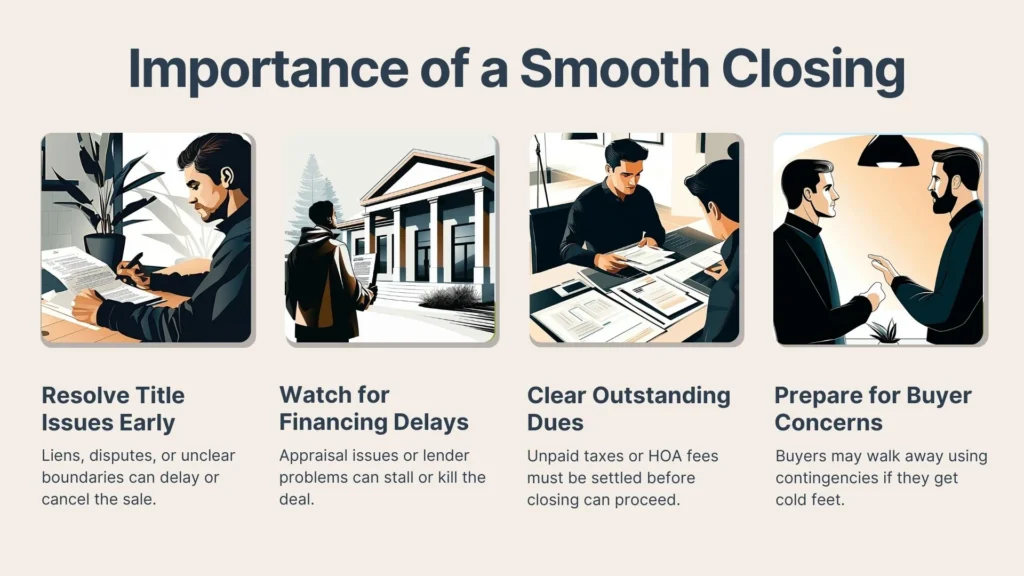 Infographic titled “Importance of a Smooth Closing” with four illustrated tips: resolving title issues early, watching for financing delays, clearing outstanding dues, and preparing for buyer concerns.