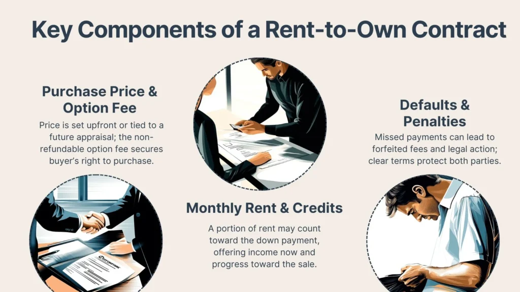 Infographic titled Key Components of a Rent-to-Own Contract with three illustrations and summaries: purchase price and fee, monthly rent and credits, and defaults and penalties, each explained with brief text and people signing documents.