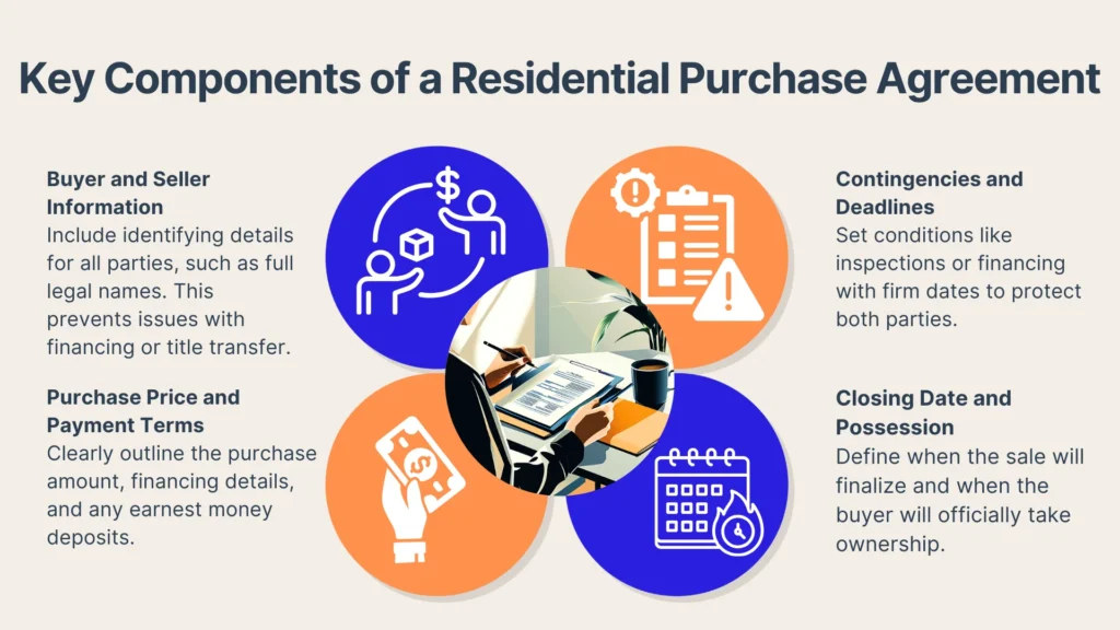 Infographic detailing four key components of a residential purchase agreement: buyer and seller information, purchase price and payment terms, contingencies and deadlines, and closing date and possession, with related icons for each section.