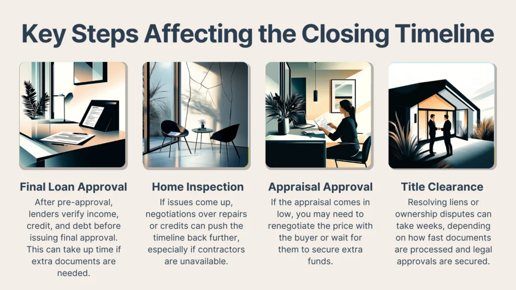 Infographic showing four key steps in a home closing timeline: final loan approval, home inspection, appraisal approval, and title clearance, each with brief descriptions and illustrated icons for each step.
