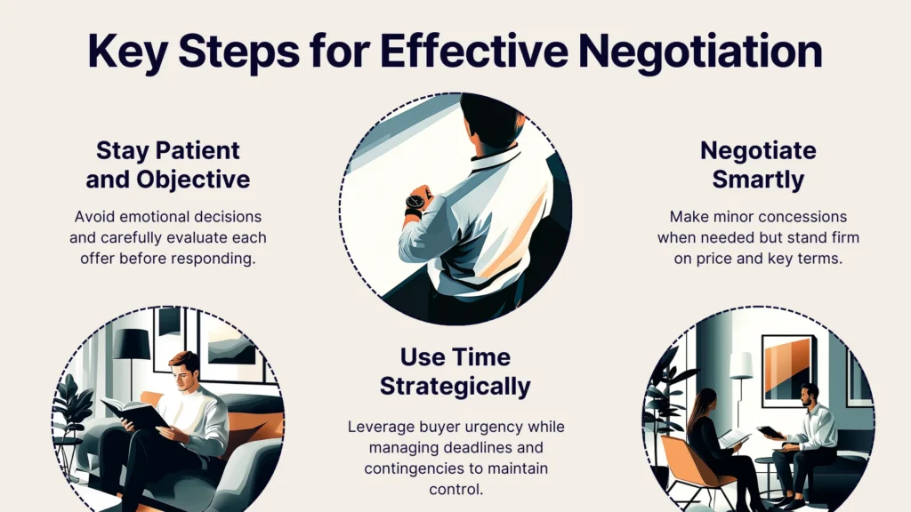 An infographic titled Key Steps for Effective Negotiation with three sections: Stay Patient and Objective, Use Time Strategically, and Negotiate Smartly, each with related illustrations and brief tips.