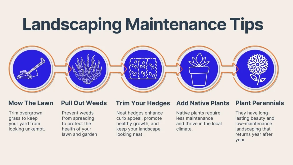 An infographic titled “Landscaping Maintenance Tips” shows five illustrated tips: mow the lawn, pull out weeds, trim your hedges, add native plants, and plant perennials, each with a brief description and an icon.