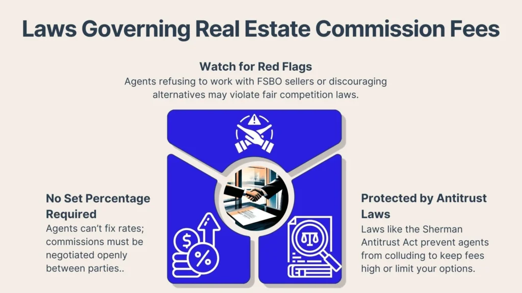 Infographic titled Laws Governing Real Estate Commission Fees showing icons and text about no set percentage, watching for red flags, and protection by antitrust laws in real estate commission practices.