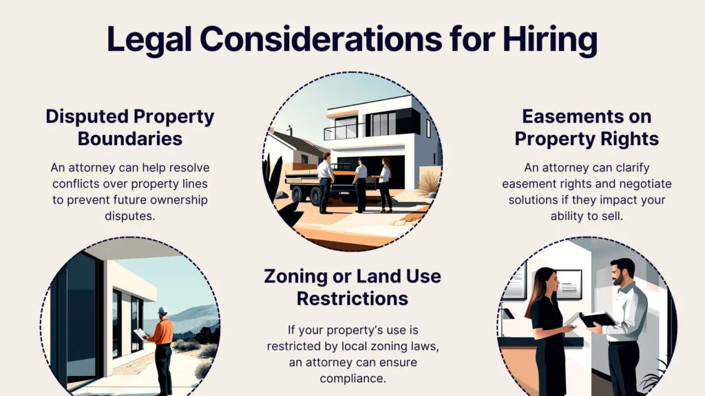 An infographic titled Legal Considerations for Hiring with three illustrated sections: Disputed Property Boundaries, Zoning or Land Use Restrictions, and Easements on Property Rights, each with brief explanations and related images.