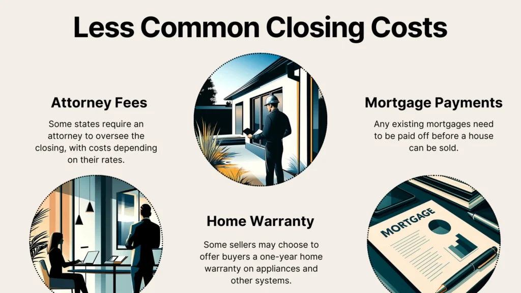 An infographic titled Less Common Closing Costs shows three sections: Attorney Fees, Home Warranty, and Mortgage Payments, each with a related illustration and brief description beneath each heading.