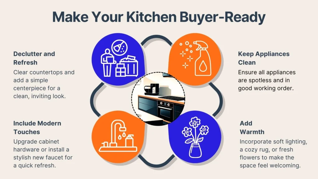 Infographic titled Make Your Kitchen Buyer-Ready with four tips: Declutter and Refresh, Keep Appliances Clean, Include Modern Touches, and Add Warmth, each with icons and a central kitchen image.
