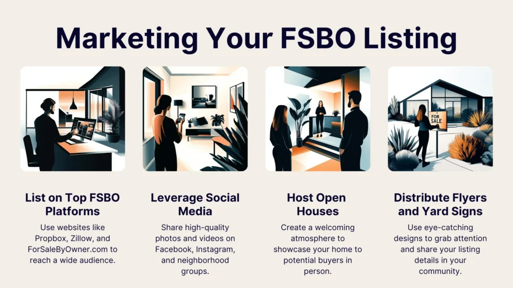 An infographic titled “Marketing Your FSBO Listing” with four illustrated sections: listing on platforms, leveraging social media, hosting open houses, and using flyers and yard signs, each with related icons and brief descriptions.