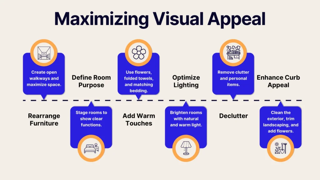 An infographic titled Maximizing Visual Appeal with icons and six tips: create open layouts, define room purpose, use flowers and bedding, optimize lighting, declutter, and enhance curb appeal, with brief supporting actions below each tip.
