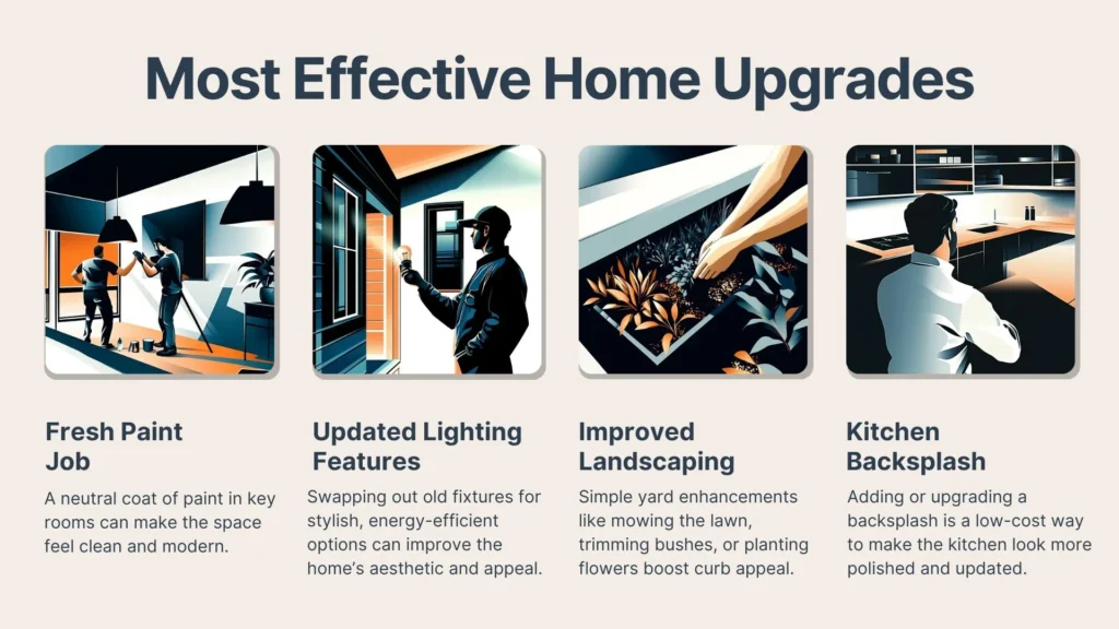 An infographic titled “Most Effective Home Upgrades” features illustrations and tips for fresh paint, updated lighting, improved landscaping, and adding a kitchen backsplash to enhance home value and aesthetics.