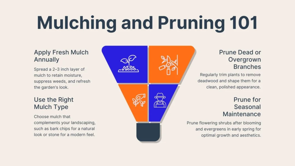 Infographic titled Mulching and Pruning 101 with four sections: applying fresh mulch, using the right mulch type, pruning dead branches, and pruning for seasonal maintenance, with related icons.