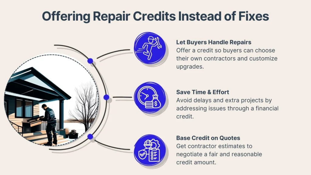 Infographic titled Offering Repair Credits Instead of Fixes with three tips: let buyers handle repairs, save time and effort, and base credit on quotes. Each tip has an icon and brief explanation. House and tree illustration included.