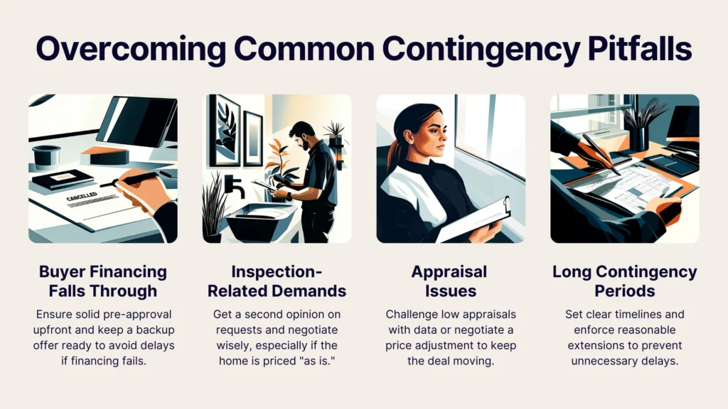 A graphic titled Overcoming Common Contingency Pitfalls highlights four issues: buyer financing issues, inspection-related demands, appraisal issues, and long contingency periods, each with brief advice and an illustrative image.