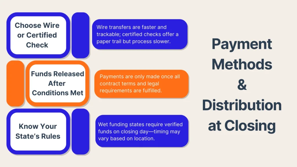 Infographic explaining payment methods and distribution at closing, with tips: choose wire transfer or certified check, know state rules, and funds are released after conditions are met. Includes brief descriptions for each tip.