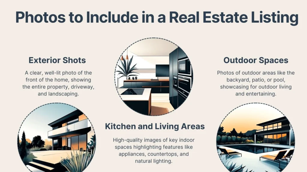 A graphic titled Photos to Include in a Real Estate Listing with illustrated circles labeled: Exterior Shots, Kitchen and Living Areas, and Outdoor Spaces, each with brief descriptions and related home illustrations.