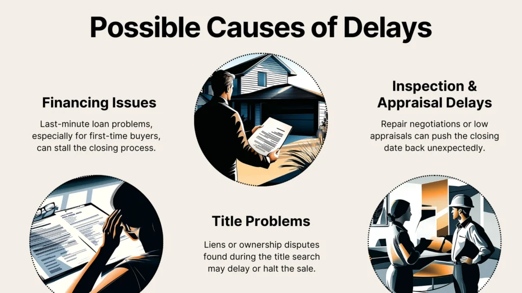 An infographic titled Possible Causes of Delays shows three illustrated scenes: a person with papers by a house, paperwork with a pen, and a handshake. Text lists Financing Issues, Title Problems, and Inspection & Appraisal Delays.