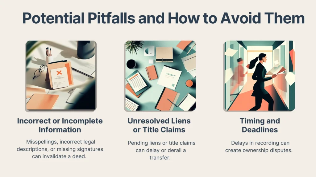 An infographic titled Potential Pitfalls and How to Avoid Them with three sections: Incorrect or Incomplete Information, Unresolved Liens or Title Claims, and Timing and Deadlines, each with an illustration and brief explanation.