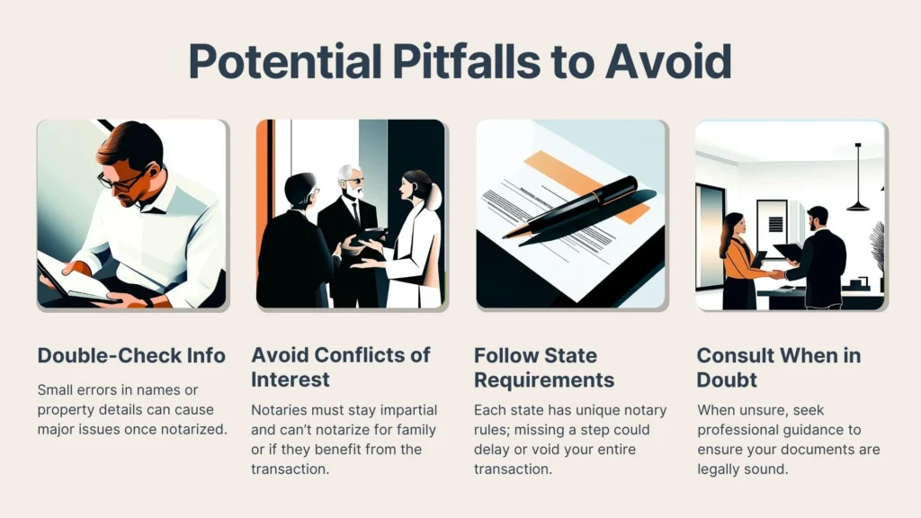 Four illustrated panels show tips for notaries: Double-check info, avoid conflicts of interest, follow state requirements, and consult when in doubt. Each panel includes relevant images, like documents and people having discussions.