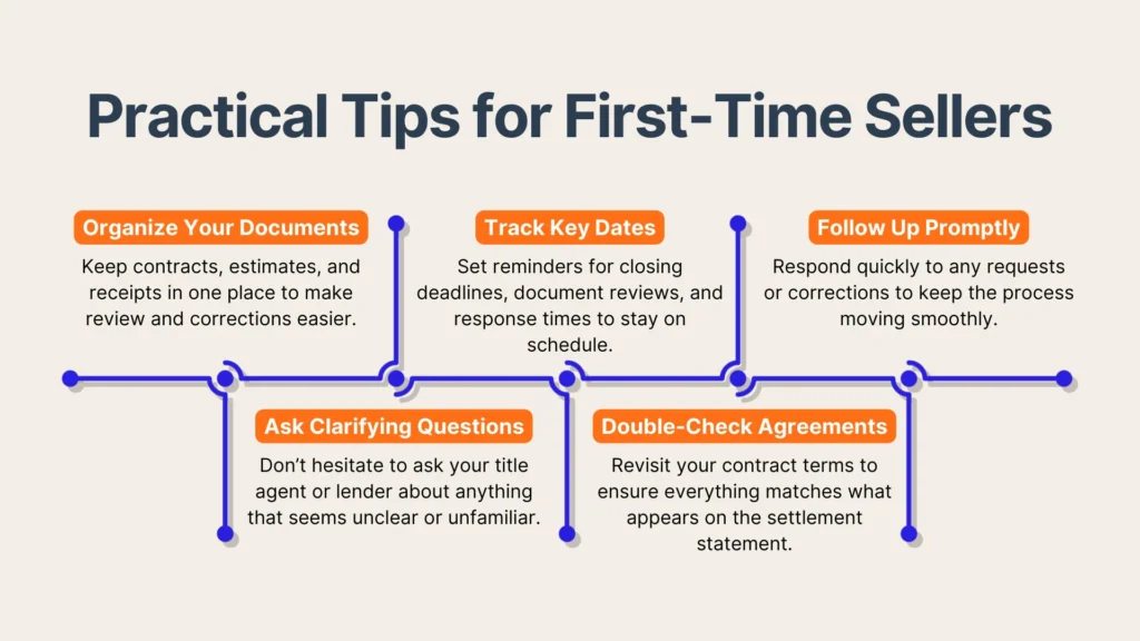 An infographic titled Practical Tips for First-Time Sellers with six tips: organize documents, track key dates, follow up promptly, ask clarifying questions, and double-check agreements, each in colored boxes with brief descriptions.