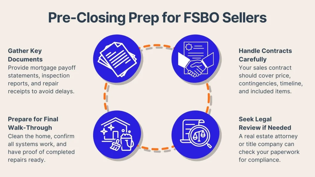 Infographic titled Pre-Closing Prep for FSBO Sellers showing four steps: gather key documents, prepare for final walk-through, handle contracts carefully, and seek legal review if needed, each with matching icons.