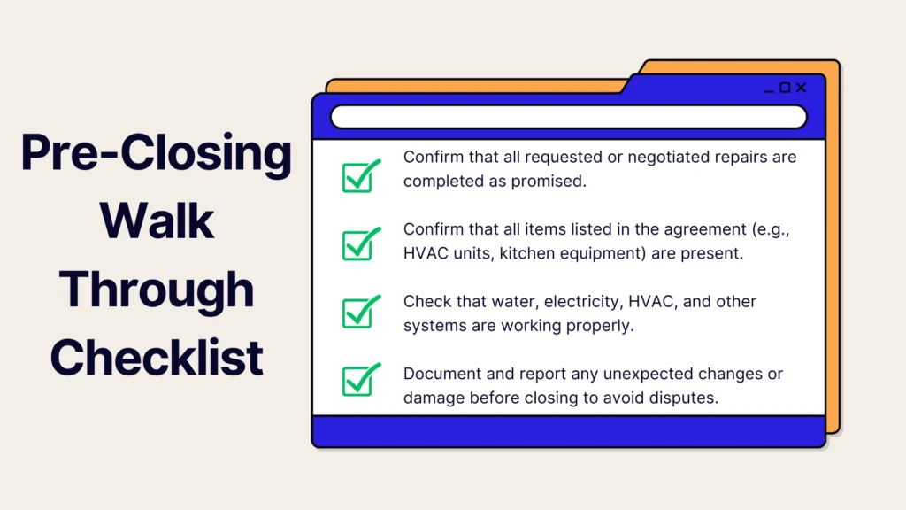 Illustration of a Pre-Closing Walk Through Checklist with four checked items related to repairs, agreement items, home systems, and documenting damage, next to a browser window graphic.