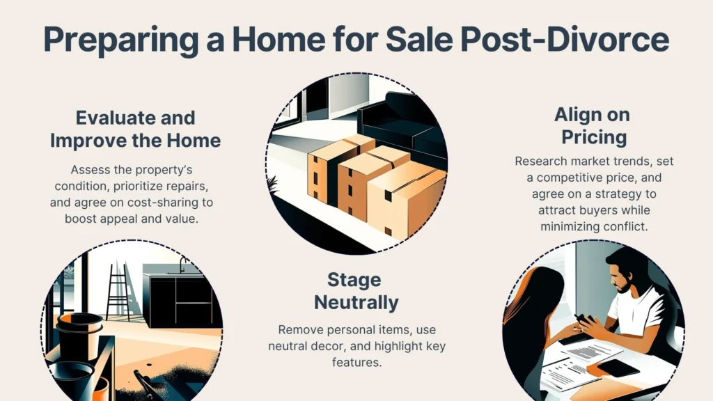 Infographic titled Preparing a Home for Sale Post-Divorce with three sections: 1) Evaluate and Improve the Home, 2) Stage Neutrally, and 3) Align on Pricing. Each section includes related illustrations and brief advice.