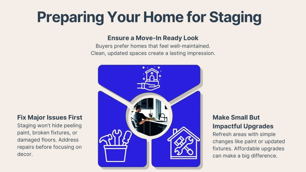 Infographic titled Preparing Your Home for Staging with tips: Fix major issues first, ensure a move-in ready look, and make small but impactful upgrades. Center image shows a person working in a modern, clean room.