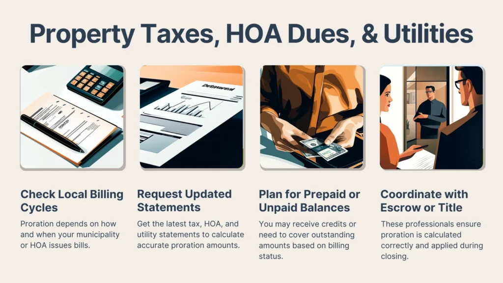 An infographic with four sections explaining property taxes, HOA dues, and utilities: a calendar and calculator, a hand showing billing statements, cash being exchanged, and professionals at a desk discussing documents.