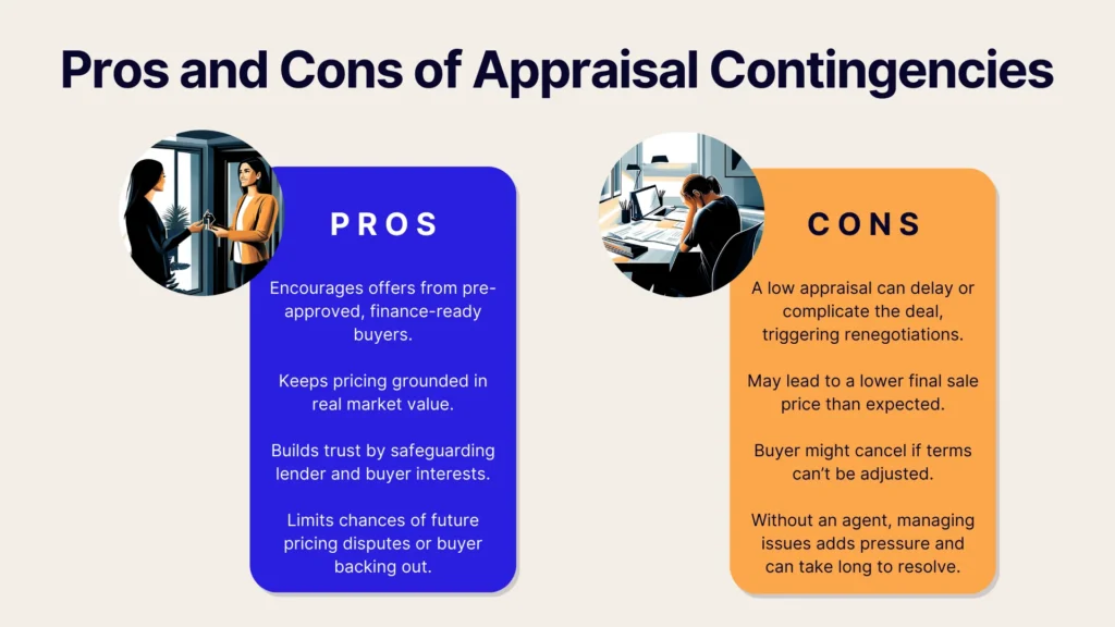 An infographic titled Pros and Cons of Appraisal Contingencies lists pros in a blue box and cons in an orange box, each with a photo above. Pros include market value accuracy; cons include potential deal delays.