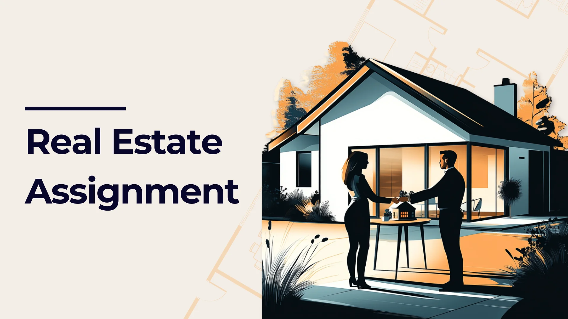 Illustration of a man and woman exchanging house keys outside a modern home, with the text Real Estate Assignment on a light background.