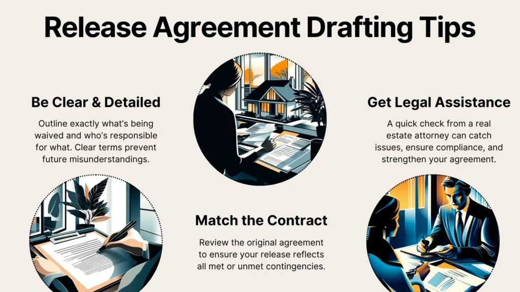 An infographic titled Release Agreement Drafting Tips with three illustrated circles showing people working at desks. Tips include: be clear & detailed, match the contract, and get legal assistance.