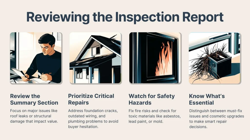 A graphic titled Reviewing the Inspection Report shows four illustrated sections: a person writing, a house, a wall with fire, and a plant. Each section lists a step: review summary, prioritize repairs, watch for hazards, and know essentials.