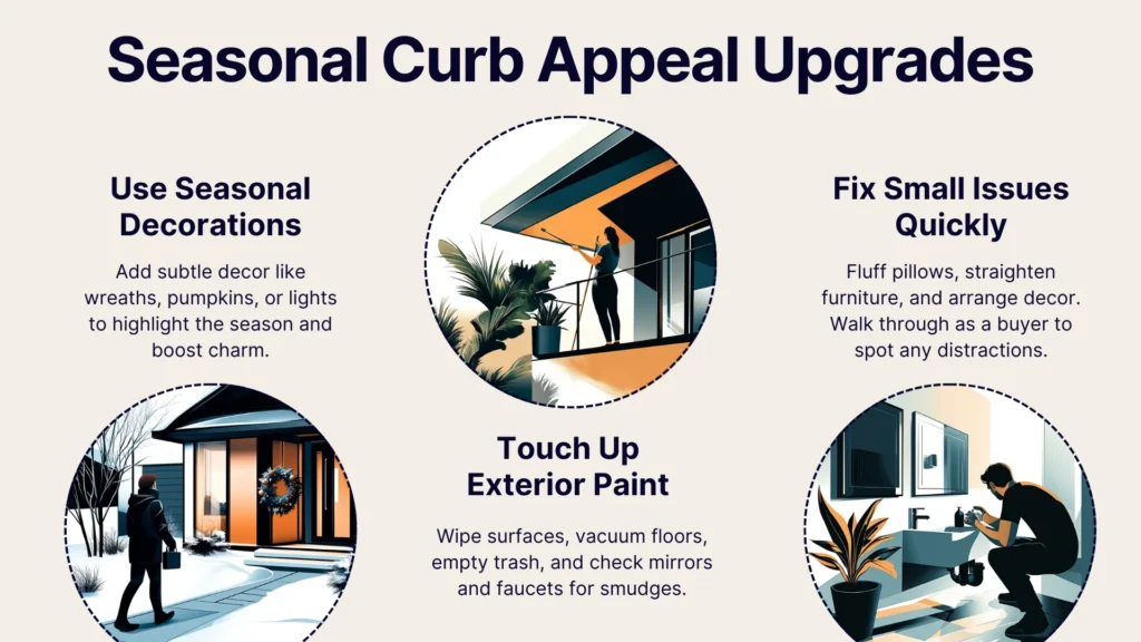 A graphic titled Seasonal Curb Appeal Upgrades shows three illustrated sections: adding seasonal decorations, touching up exterior paint, and quickly fixing small issues to enhance a homes appearance.